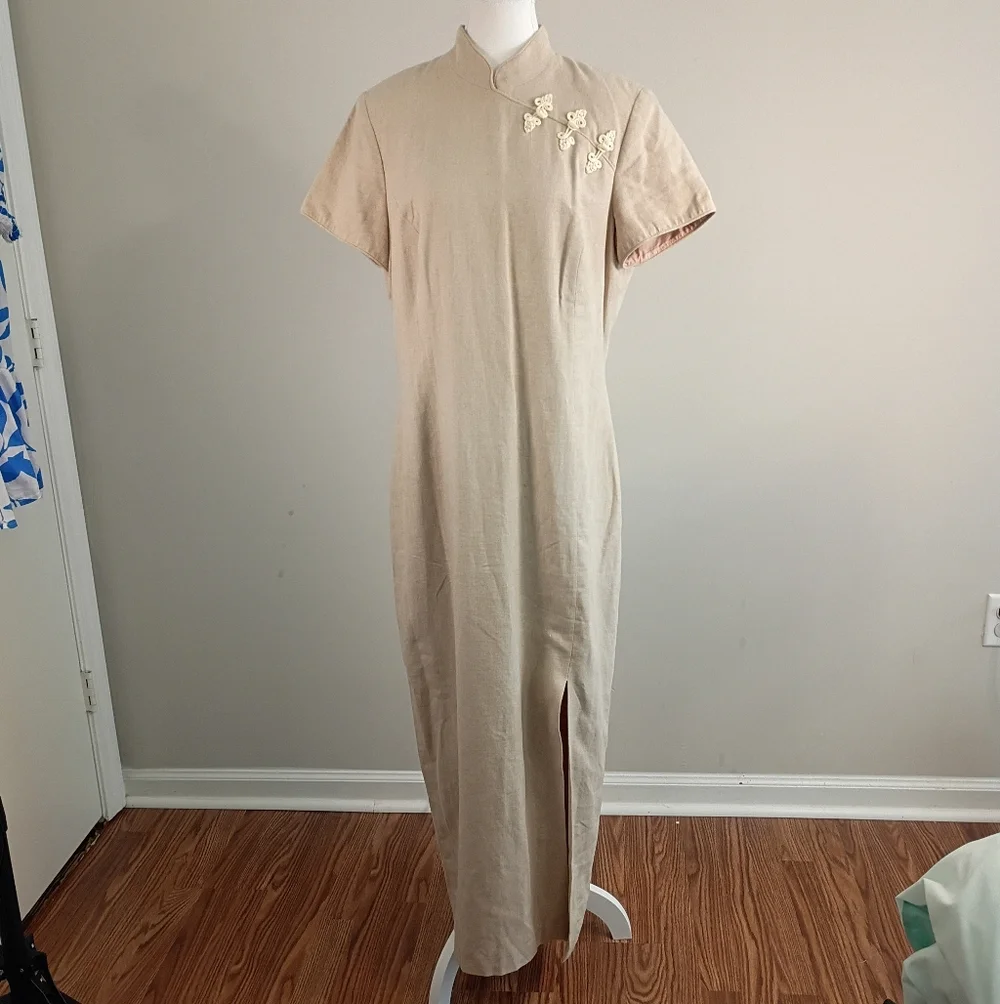 David Warren Beige Qpao Cheongsam with Pankou Linen Blend Women Dress Size 14 - Picture 1 of 11